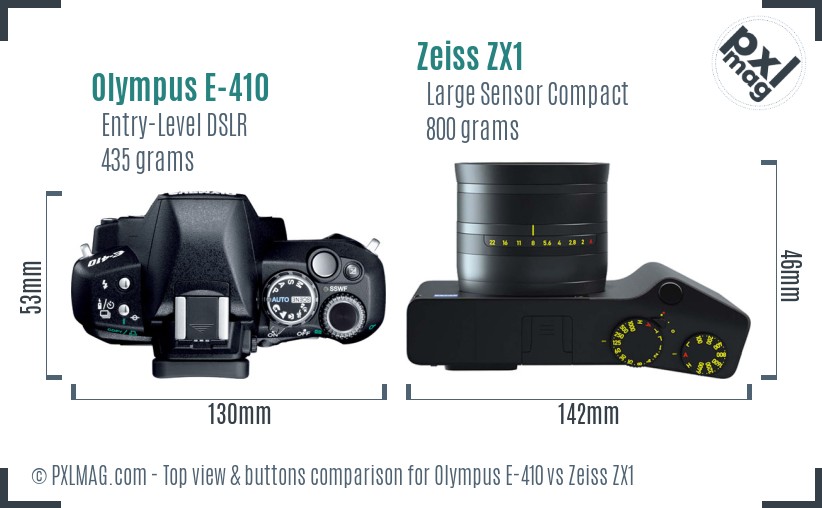 Olympus E-410 vs Zeiss ZX1 top view buttons comparison