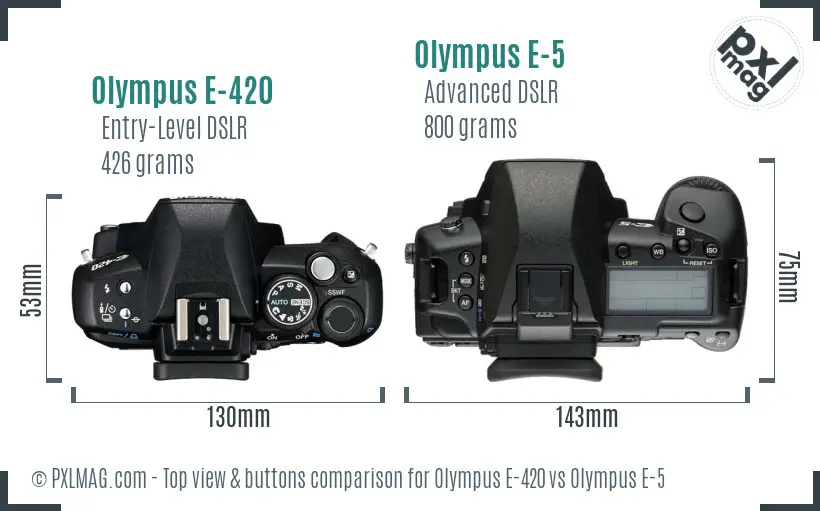 Olympus E-420 vs Olympus E-5 top view buttons comparison