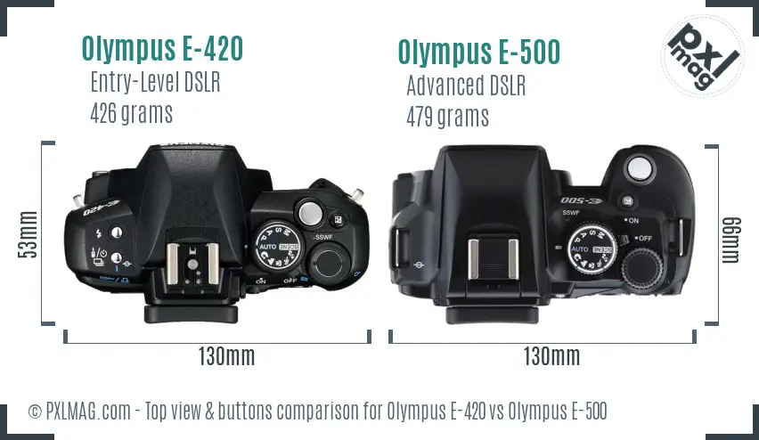 Olympus E-420 vs Olympus E-500 top view buttons comparison
