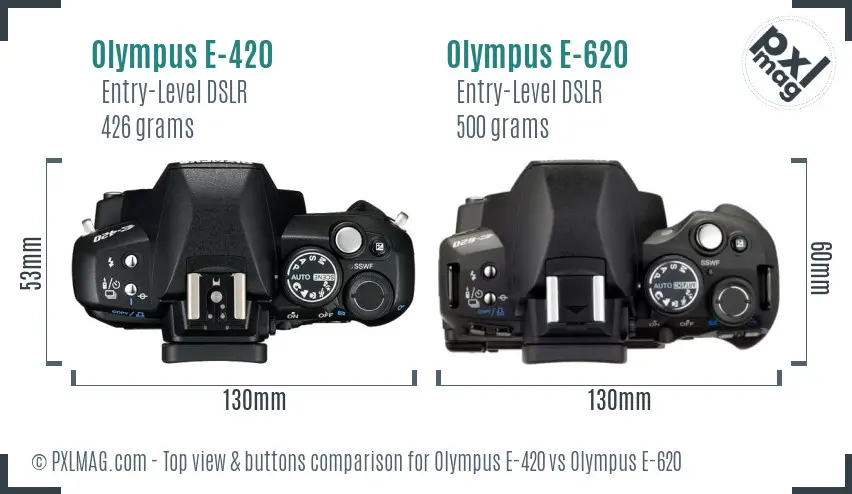 Olympus E-420 vs Olympus E-620 top view buttons comparison
