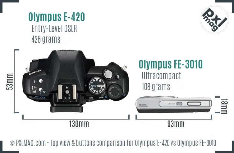 Olympus E-420 vs Olympus FE-3010 top view buttons comparison