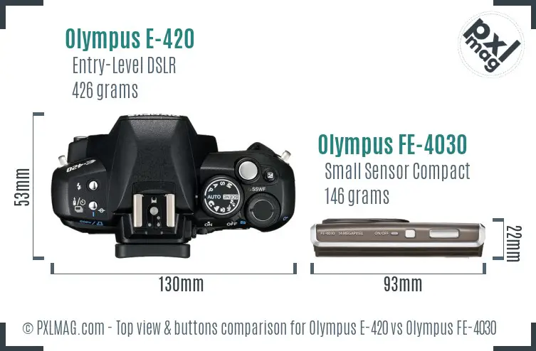 Olympus E-420 vs Olympus FE-4030 top view buttons comparison