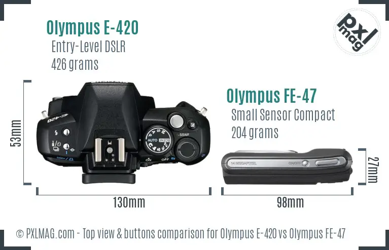Olympus E-420 vs Olympus FE-47 top view buttons comparison