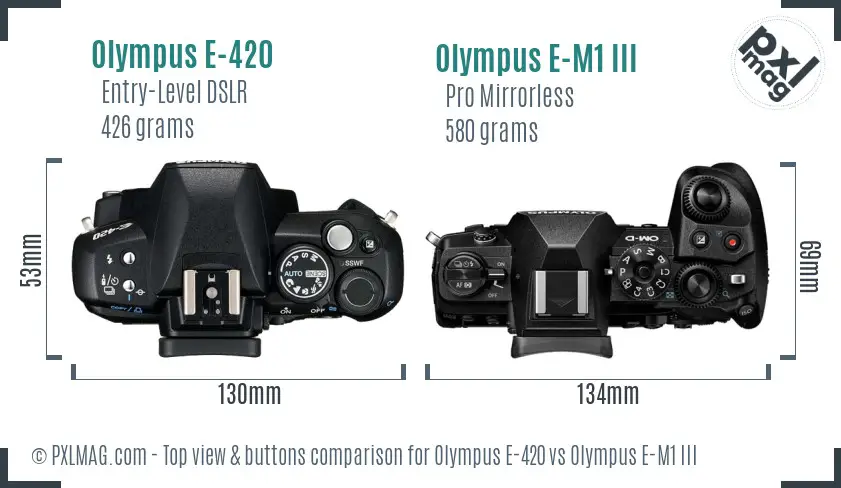 Olympus E-420 vs Olympus E-M1 III top view buttons comparison