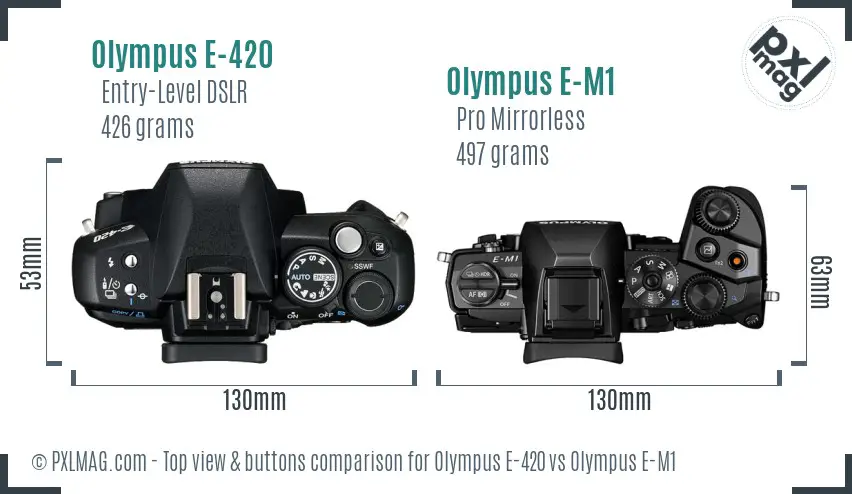Olympus E-420 vs Olympus E-M1 top view buttons comparison