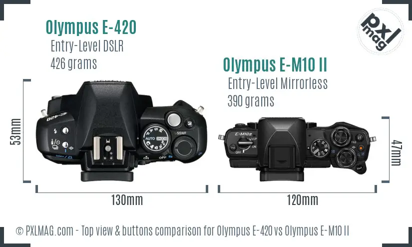 Olympus E-420 vs Olympus E-M10 II top view buttons comparison