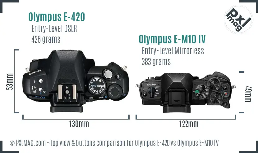 Olympus E-420 vs Olympus E-M10 IV top view buttons comparison