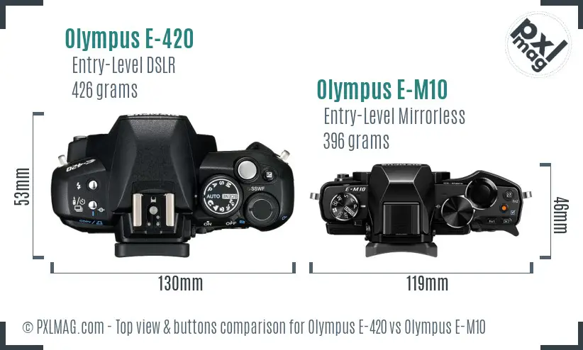 Olympus E-420 vs Olympus E-M10 top view buttons comparison