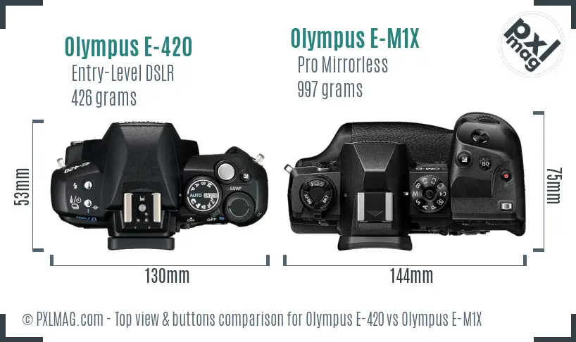 Olympus E-420 vs Olympus E-M1X top view buttons comparison
