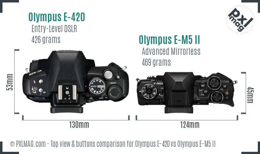 Olympus E-420 vs Olympus E-M5 II top view buttons comparison