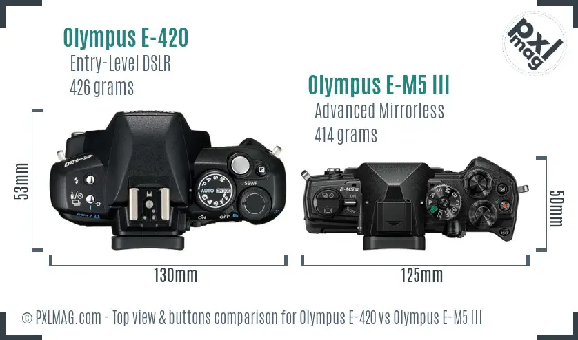 Olympus E-420 vs Olympus E-M5 III top view buttons comparison