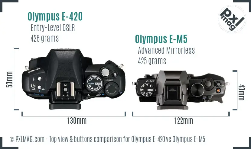 Olympus E-420 vs Olympus E-M5 top view buttons comparison