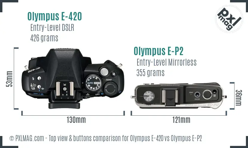 Olympus E-420 vs Olympus E-P2 top view buttons comparison