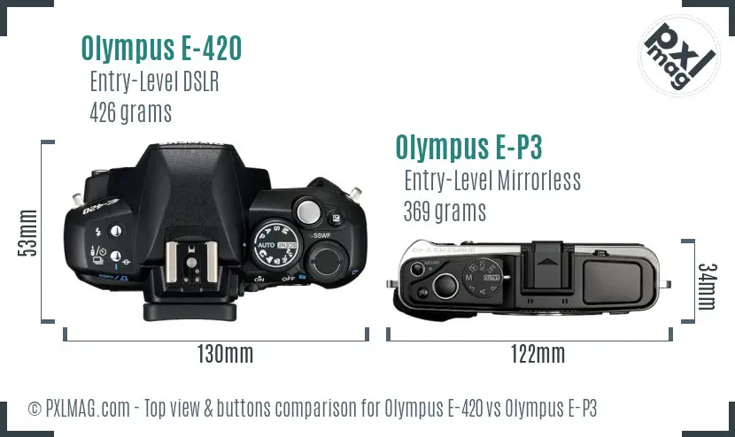 Olympus E-420 vs Olympus E-P3 top view buttons comparison