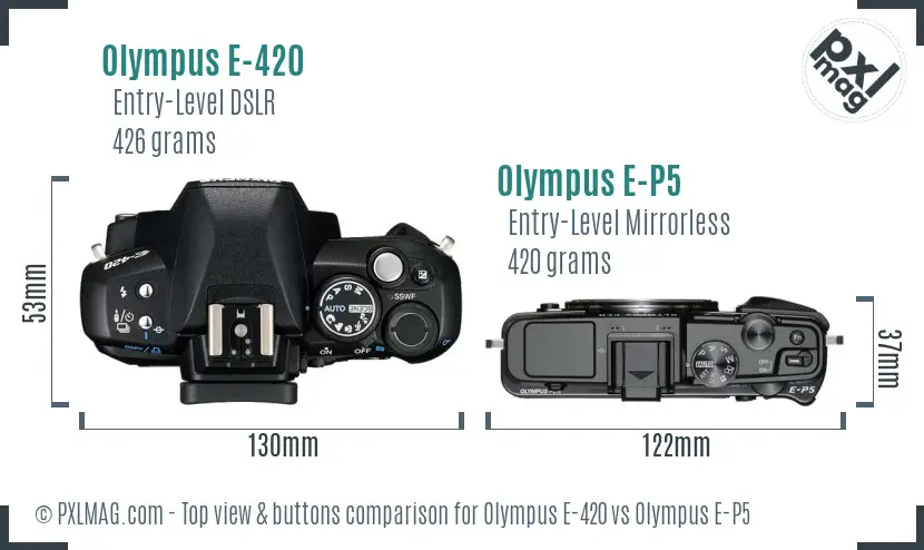 Olympus E-420 vs Olympus E-P5 top view buttons comparison