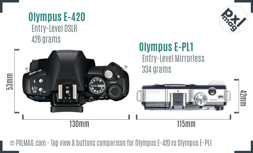 Olympus E-420 vs Olympus E-PL1 top view buttons comparison