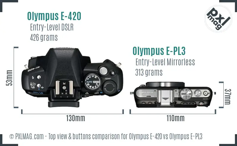Olympus E-420 vs Olympus E-PL3 top view buttons comparison