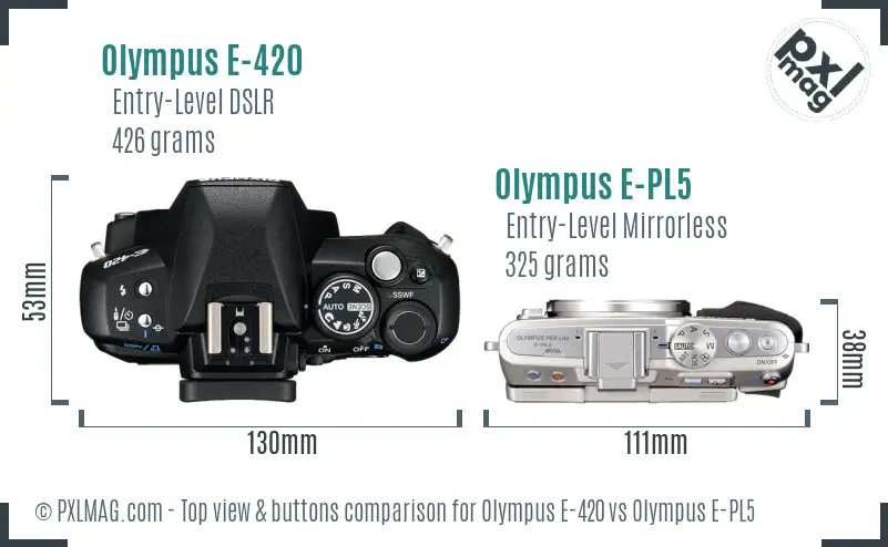 Olympus E-420 vs Olympus E-PL5 top view buttons comparison
