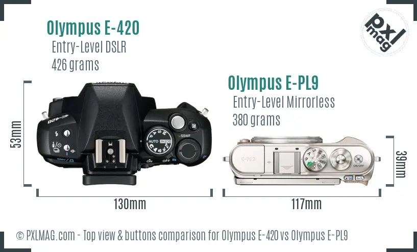 Olympus E-420 vs Olympus E-PL9 top view buttons comparison