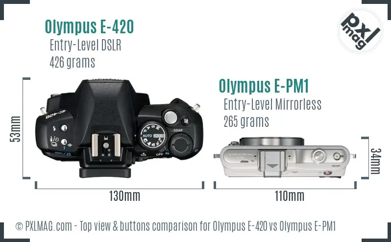 Olympus E-420 vs Olympus E-PM1 top view buttons comparison