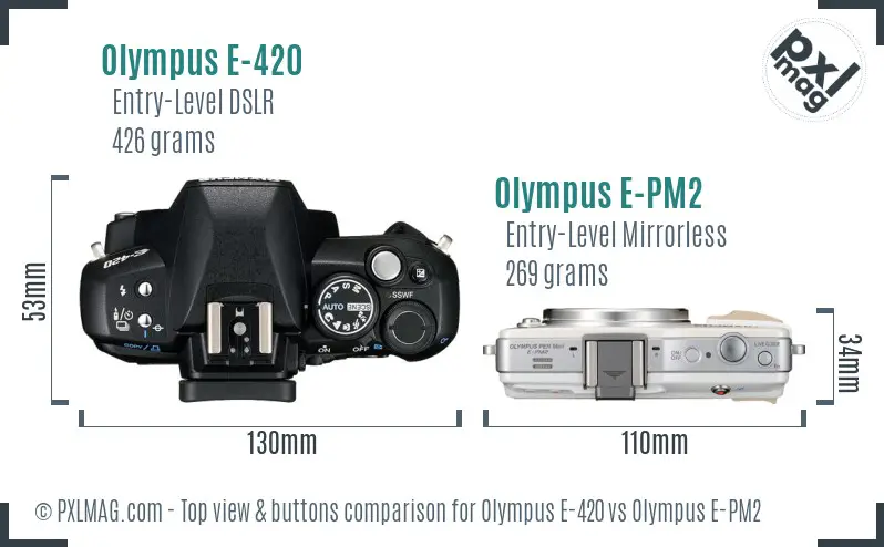 Olympus E-420 vs Olympus E-PM2 top view buttons comparison