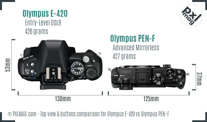 Olympus E-420 vs Olympus PEN-F top view buttons comparison