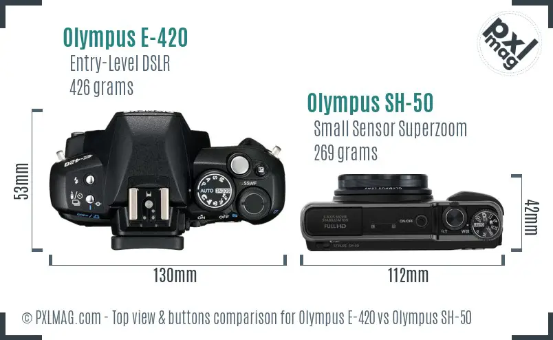 Olympus E-420 vs Olympus SH-50 top view buttons comparison