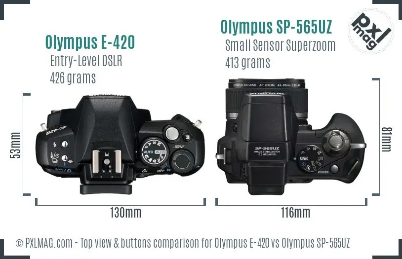 Olympus E-420 vs Olympus SP-565UZ top view buttons comparison