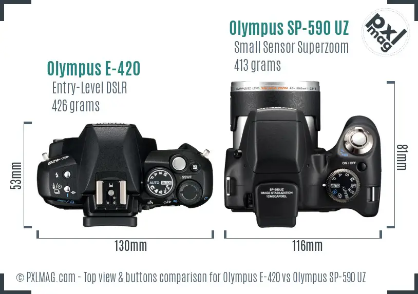 Olympus E-420 vs Olympus SP-590 UZ top view buttons comparison