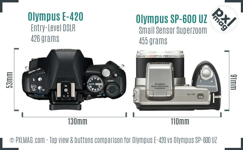Olympus E-420 vs Olympus SP-600 UZ top view buttons comparison