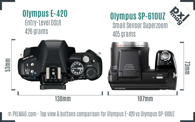Olympus E-420 vs Olympus SP-610UZ top view buttons comparison