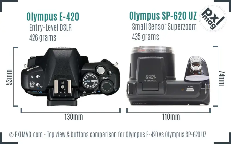 Olympus E-420 vs Olympus SP-620 UZ top view buttons comparison