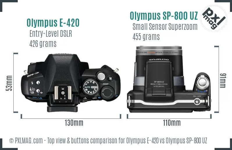Olympus E-420 vs Olympus SP-800 UZ top view buttons comparison