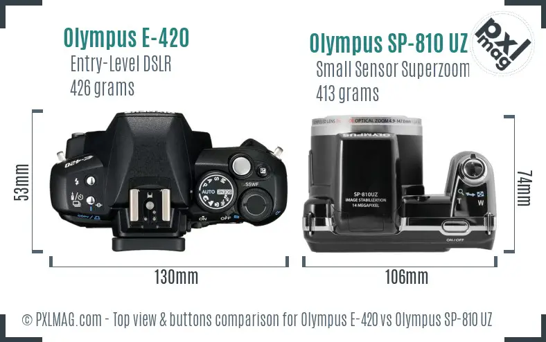 Olympus E-420 vs Olympus SP-810 UZ top view buttons comparison