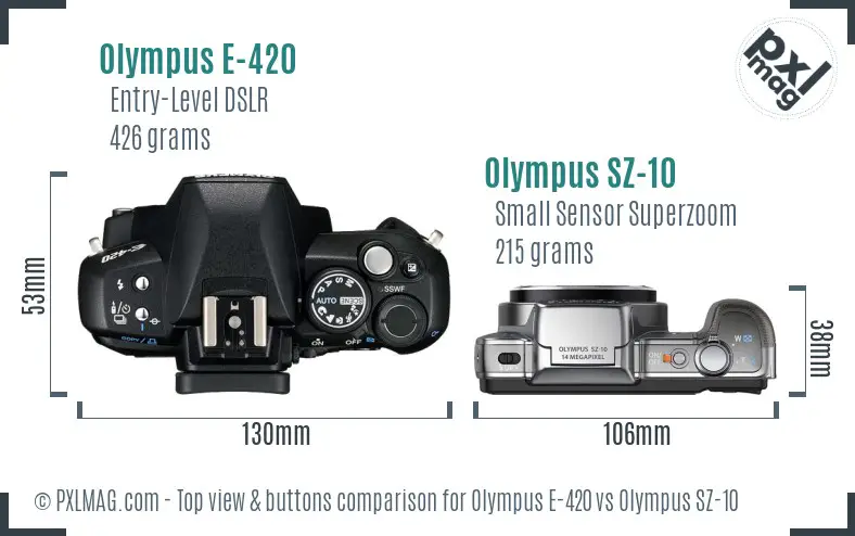 Olympus E-420 vs Olympus SZ-10 top view buttons comparison