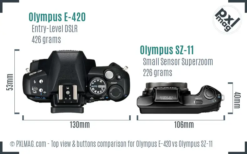 Olympus E-420 vs Olympus SZ-11 top view buttons comparison