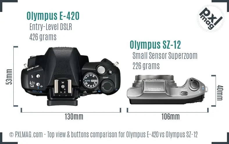 Olympus E-420 vs Olympus SZ-12 top view buttons comparison