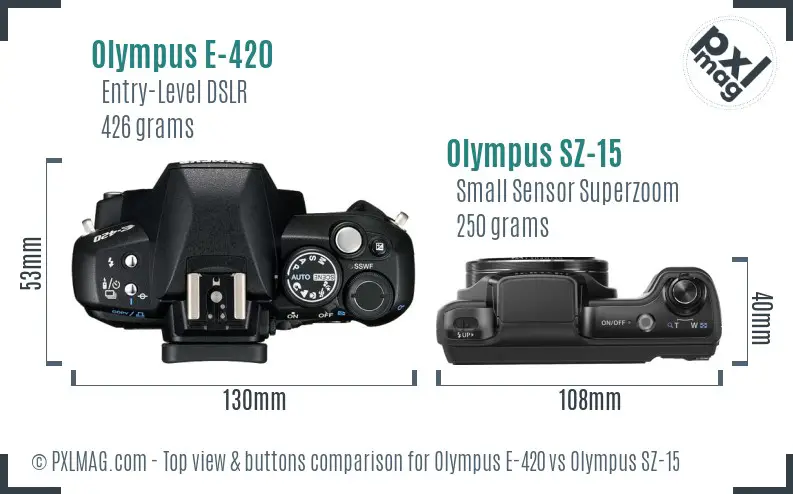 Olympus E-420 vs Olympus SZ-15 top view buttons comparison