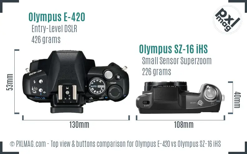 Olympus E-420 vs Olympus SZ-16 iHS top view buttons comparison