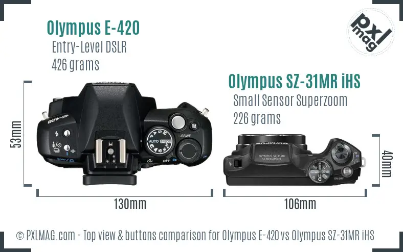 Olympus E-420 vs Olympus SZ-31MR iHS top view buttons comparison