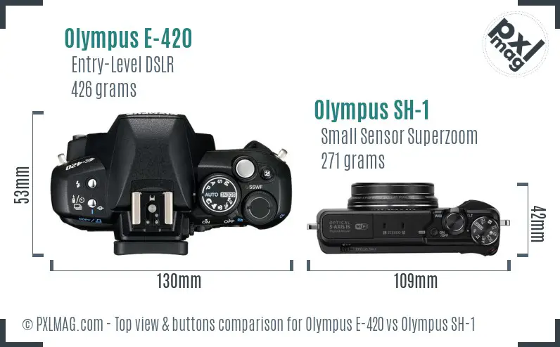Olympus E-420 vs Olympus SH-1 top view buttons comparison