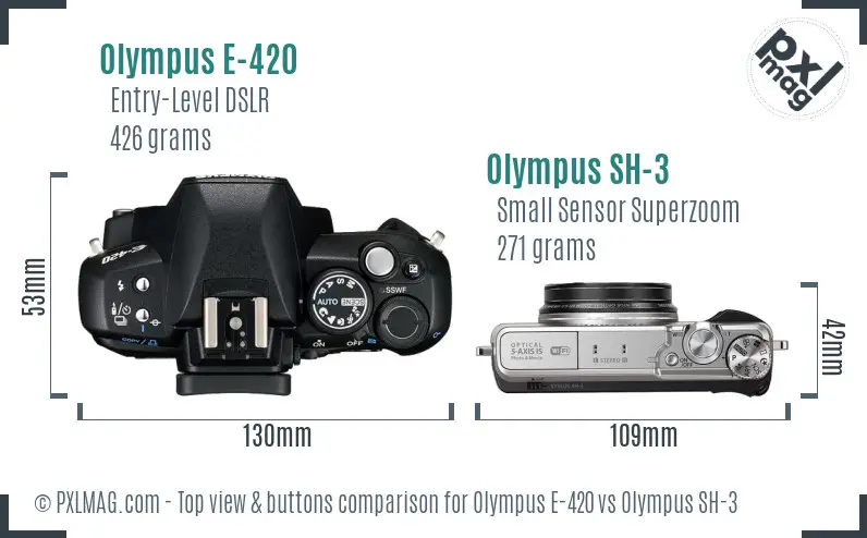 Olympus E-420 vs Olympus SH-3 top view buttons comparison