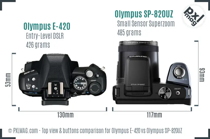 Olympus E-420 vs Olympus SP-820UZ top view buttons comparison