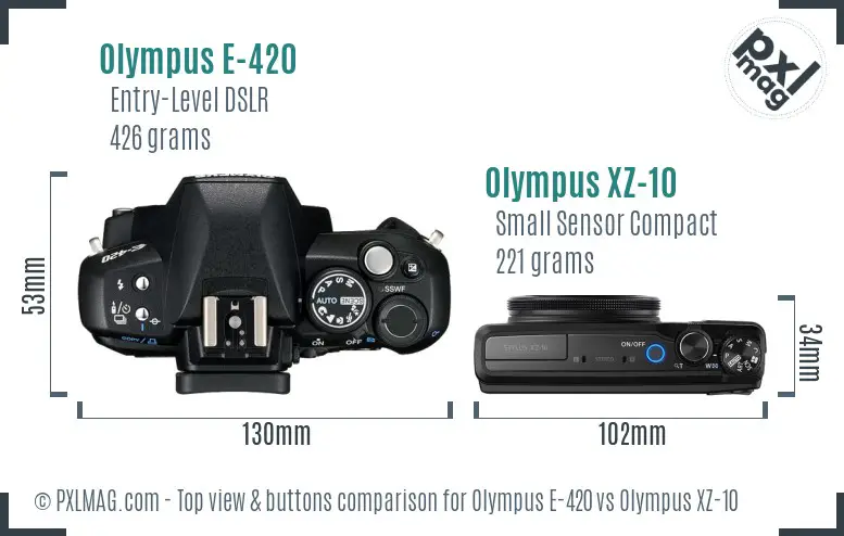 Olympus E-420 vs Olympus XZ-10 top view buttons comparison