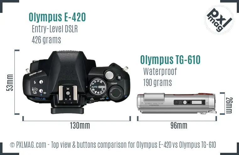 Olympus E-420 vs Olympus TG-610 top view buttons comparison