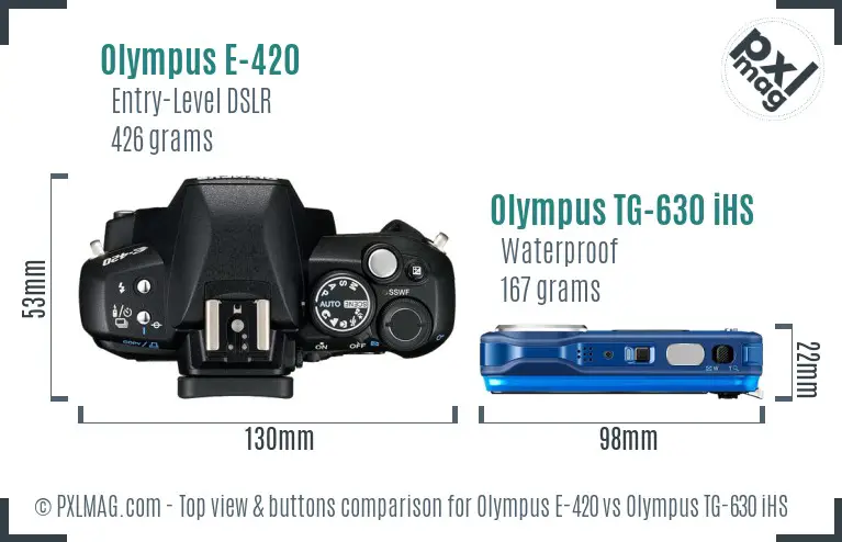 Olympus E-420 vs Olympus TG-630 iHS top view buttons comparison