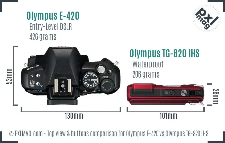 Olympus E-420 vs Olympus TG-820 iHS top view buttons comparison