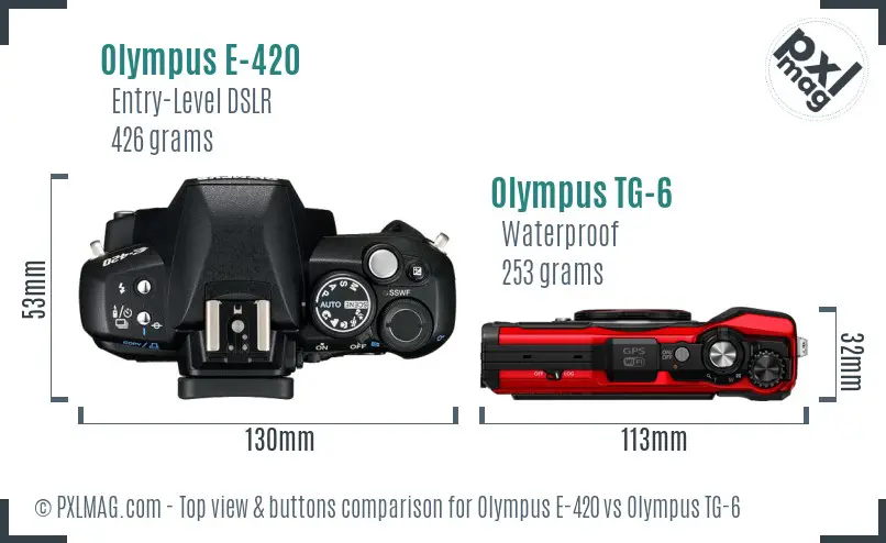 Olympus E-420 vs Olympus TG-6 top view buttons comparison