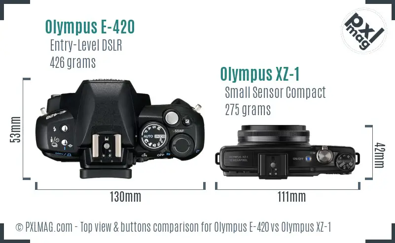 Olympus E-420 vs Olympus XZ-1 top view buttons comparison