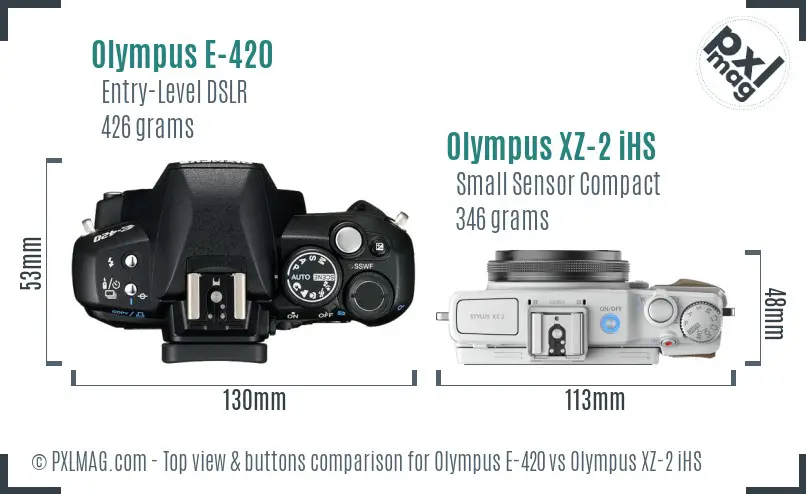 Olympus E-420 vs Olympus XZ-2 iHS top view buttons comparison